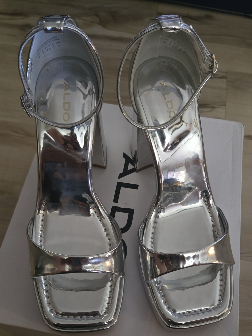 Aldo Silver Metallic Square-Toe Ankle-Strap Block Heels